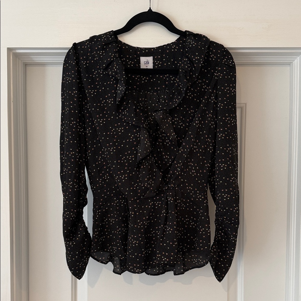 CAbi Black Ruffle V-Neck Blouse with Tiny Heart Detail